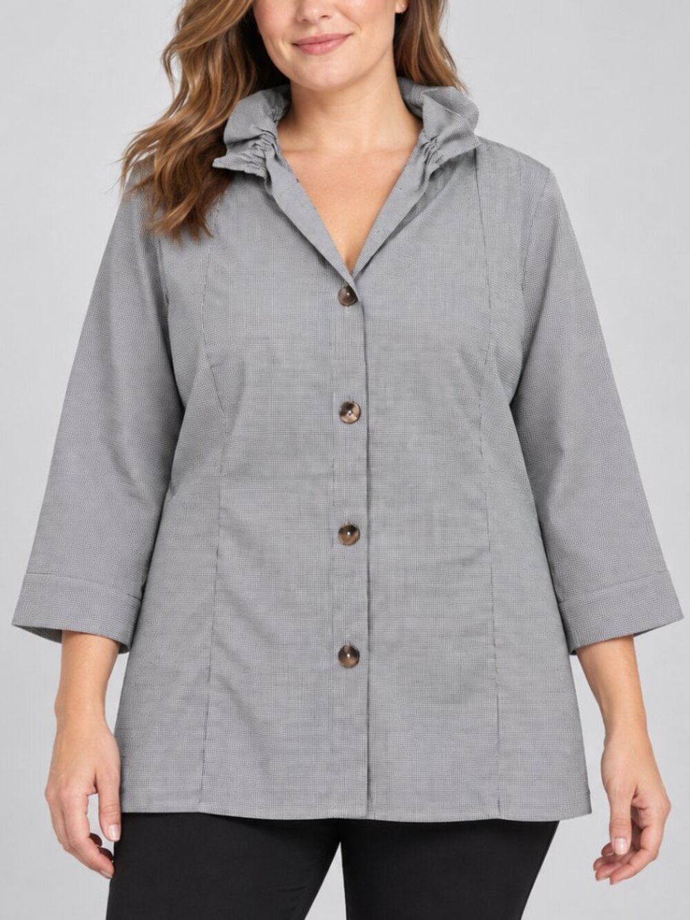 Ming Wang Black White Check Hooded Cotton Button Front Tunic Top Large